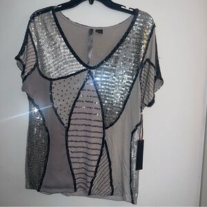 Women's oversized Sequin Mesh Short Sleeve Top - Silver/Gray size SMALL NWT